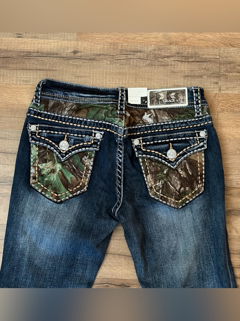 Grace in LA Camo Yoke Embellished Distressed Bootcut Jeans 2/26 NWT - Picture 6 of 10